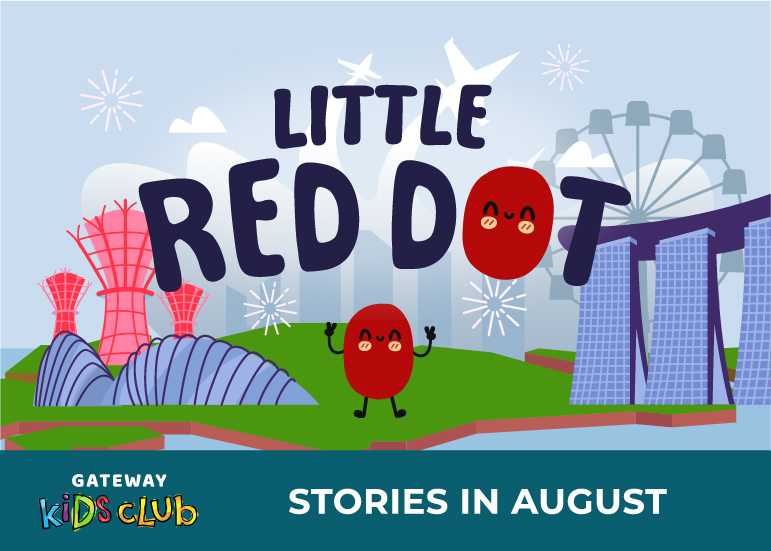 Banner for Little Red Dot: two smiling red dots on a grassy hill with a city skyline and 'Stories in August' text.