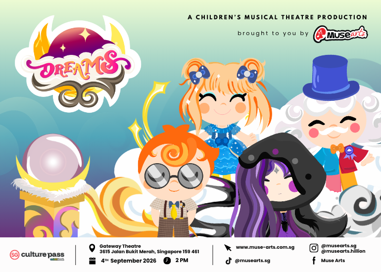 Bright poster for a children's musical 'Dreams' with four cheerful cartoon characters and the 'Dreams' logo on a gradient background by Muse Arts.