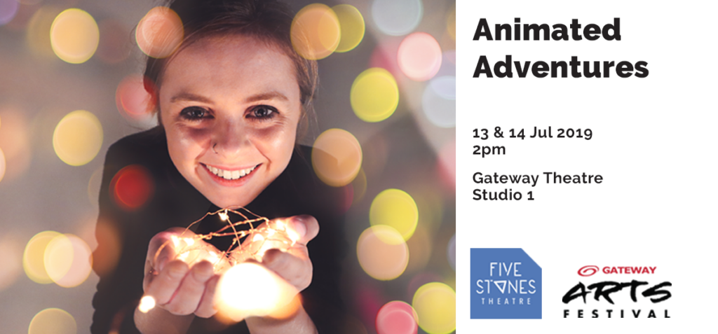 Poster for Animated Adventures with a smiling woman holding string lights on a colorful bokeh background and event details on the right.