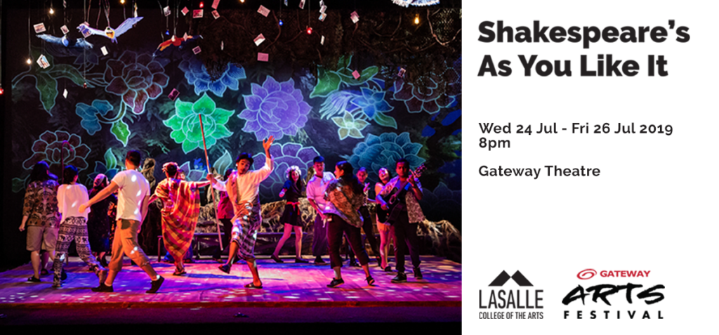Performers dancing on a lit stage with a bright floral backdrop; event title and details appear on the right panel.