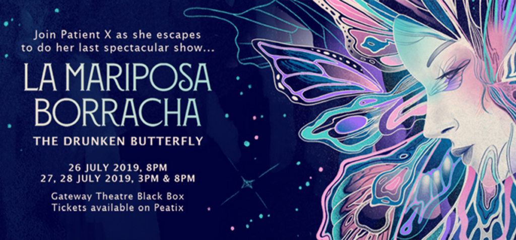 Poster advertising 'La Mariposa Borracha: The Drunken Butterfly' with a colorful butterfly illustration and show details (dates, venue).