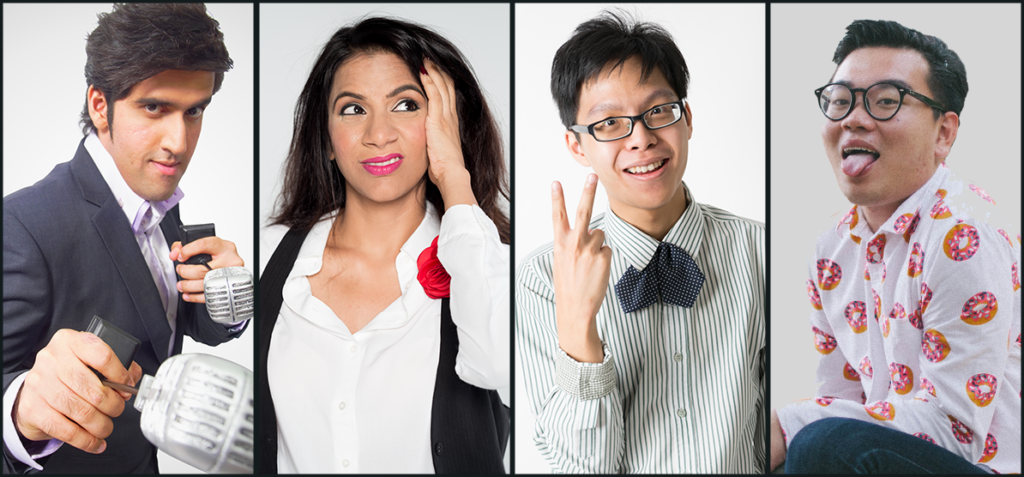 Collage of four people posing: a suited man with a microphone, a woman in white blouse adjusting her hair, a smiling bespectacled man making a peace sign, and a man in a donut-pattern shirt sticking out his tongue.
