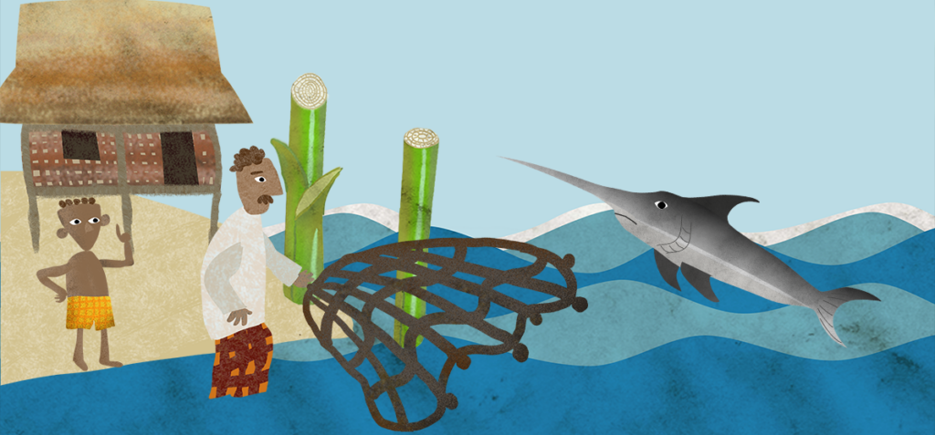 Beach scene with a thatched hut, two men and a boy, a fishing net, tall sugarcane, and a shark in the waves.